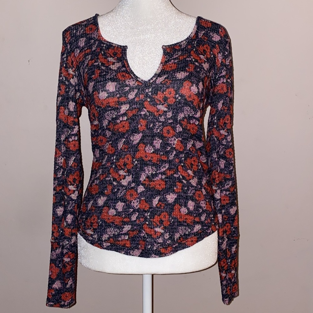 Free People Ciara Printed Floral Waffle Knit Top - Black Combo - Picture 1 of 12